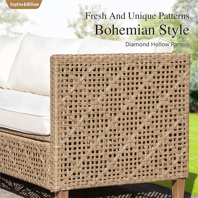 Sophia and William Wicker Patio Furniture Set, L-Shaped Outdoor Sectional Sofas with Ottoman and Acacia Wood Coffee Table, Rattan Outdoor Conversation Set wtih Beige Cushions(6 Seats)