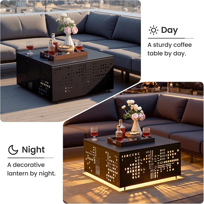 ovios 27" Outdoor Coffee Table with Solar Light, Patio Metal Table with Umbrella Hole and Cut-Out Design, Weatherproof Square Side Tables for Deck Porch Balcony Garden Backyard, Black