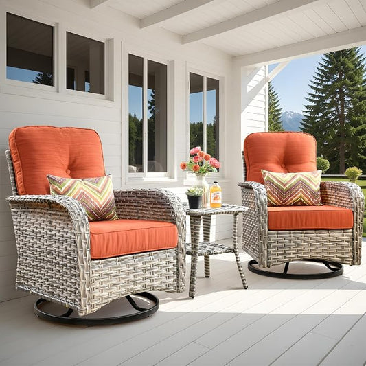 Outdoor Swivel Rocker Patio Chairs,Wicker Glider Swivel Rocking Chair Set of 2,Patio Rocking Swivel Chair Set with Rattan Side Table for Porch Deck Balcony Garden,Orange Red