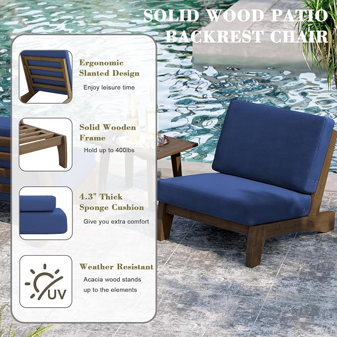 2 Piece Wood Patio Chairs Outdoor Bistro Chair, All Weather Outdoor Furniture Patio Sofa Backyard Seating Group Conversation Sets with Cushions - Navy Blue
