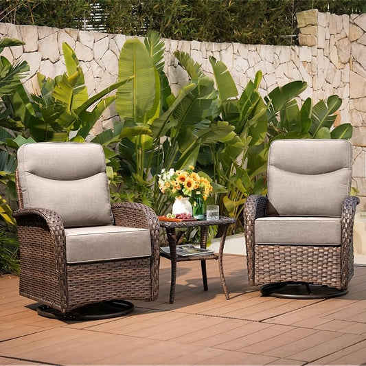 Belord Upgraded 6“ Cushion Luxury 3 Pieces Patio Furniture Set - All Weather Wicker Outdoor Swivel Rocker Patio Chairs of 2 with Side Table, High Back Glider Set for Deck Porch Yard - Brown/Beige