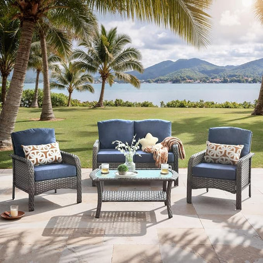 4-Piece Outdoor Patio Furniture Set with Coffee Table, Outdoor Conversation Wicker Sofa with Thickened Cushions, Rattan Couch for Deck Yard Poolside, Blue