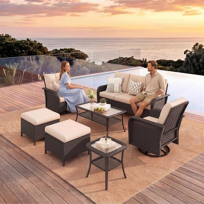 LazySunsets 9 Piece Outdoor Patio Furniture Set with Coffee Table, Wicker Rattan Outdoor Furniture with High Back Swivel Rocker Chairs, Outdoor Conversation Sets with Thick Cushions & Ottoman, Beige