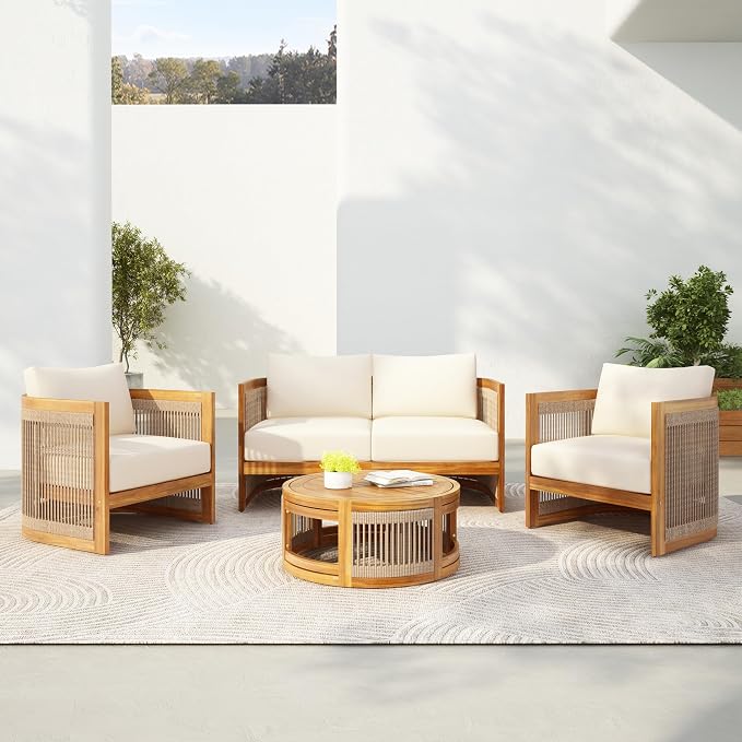 LUMISOL 4 Piece Outdoor Patio Furniture Sets, Acacia Wood Conversation Set with Coffee Table for Garden, Poolside, Backyard, Teak+Beige