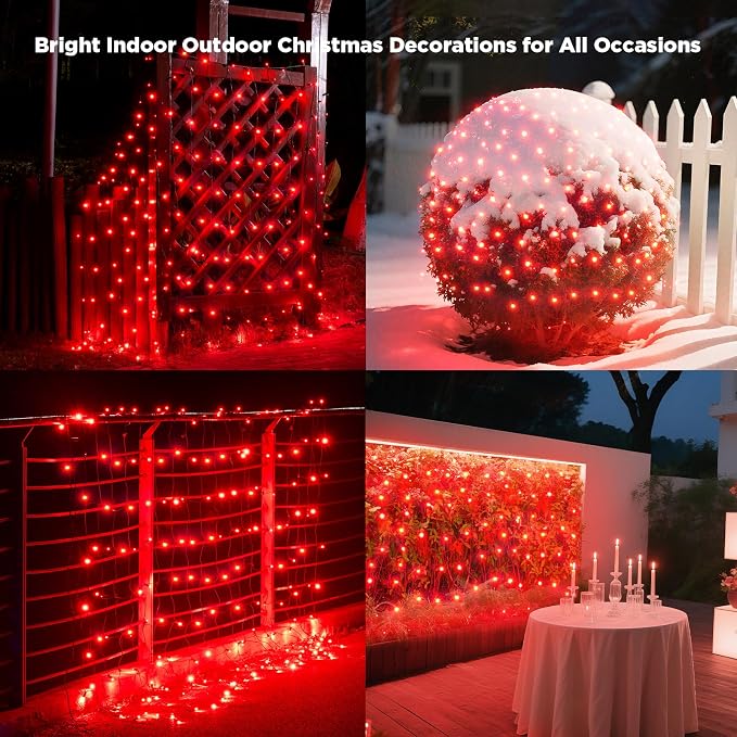 Led Net Lights Christmas Lights Outdoor 200Leds 9ft x 6ft Upgraded Red Christmas Net Lighting, Waterproof 5mm LED Wide Angle Outdoor Indoor Mesh Net Light for Trees, Bushes, Shrubs Decorations