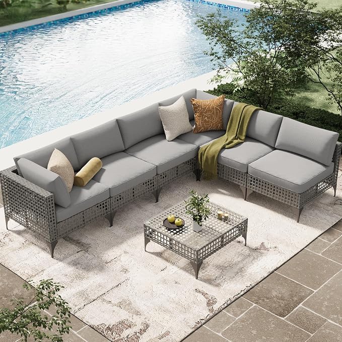 U-MAX 7-Piece Patio Furniture Set with Tea Table, Boho Outdoor Furniture Set Sectional Sofa Wicker Conversation Set Grey Rattan&Light Grey