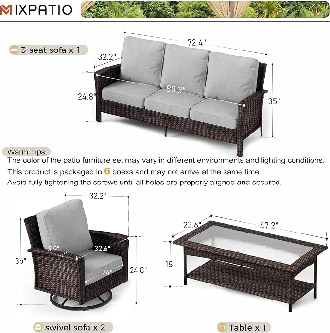 MIXPATIO 4-Piece Wicker Patio Furniture Set with Swivel Chairs, High Back Outdoor Sofa with 5.5-inch Thick Cushion, All-Weather Wicker Patio Conversation Set for Deck Yard Pool, Grey