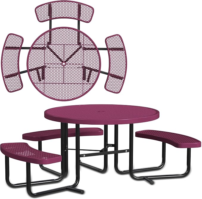 Leisure Craft Metal Picnic Table with Bench - 46" Round Outdoor Dining Table with Umbrella Hole, Heavy Duty Thermoplastic Coating, ADA Compliant, Commercial Grade Furniture Made in USA - Burgundy