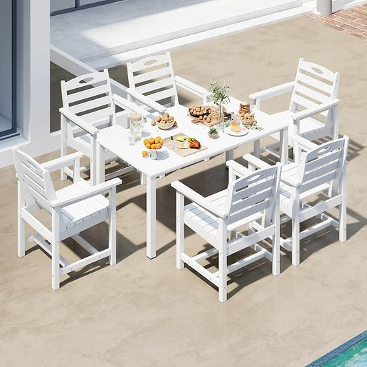 Domi HDPE Outdoor Dining Set, All-Weather 7 Piece Outdoor Dining Table Set with 2" Umbrella Hole, Outdoor Patio Dining Set for Garden, Poolside, Backyard, Deck, White