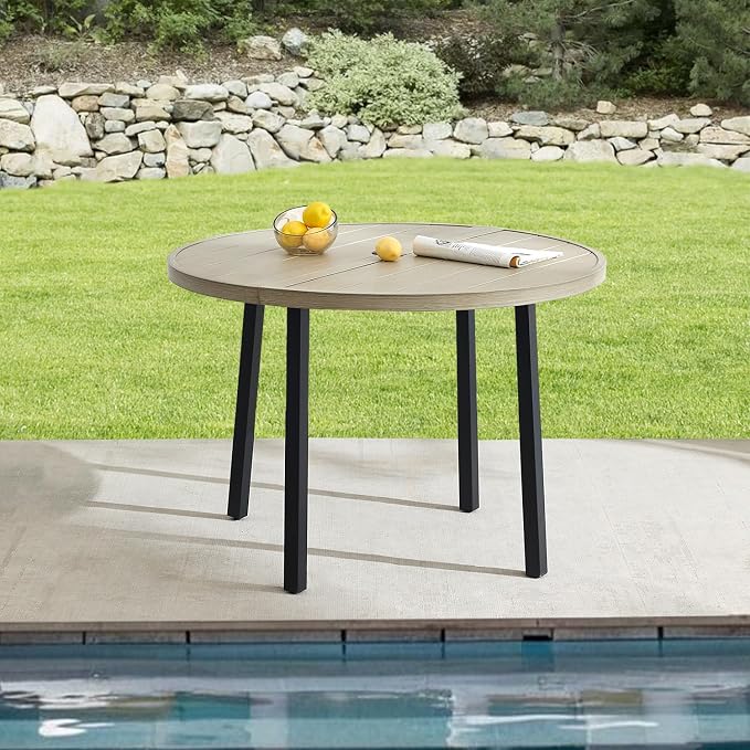 42" Round Patio Table with Umbrella Hole, Metal Outdoor Dining Table for Garden, Backyard and Deck, 4 Person Round Patio Dining Table for Outside, Honey Oak