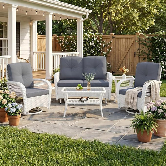 VIVIJASON 5-Piece Outdoor Patio White Wicker Conversation Sets, All Weather Outdoor Rattan Furniture Set Includes Glider Loveseat, 2 Coffee Table, 2 Swivel-Gliders Chairs with Cushions, Grey