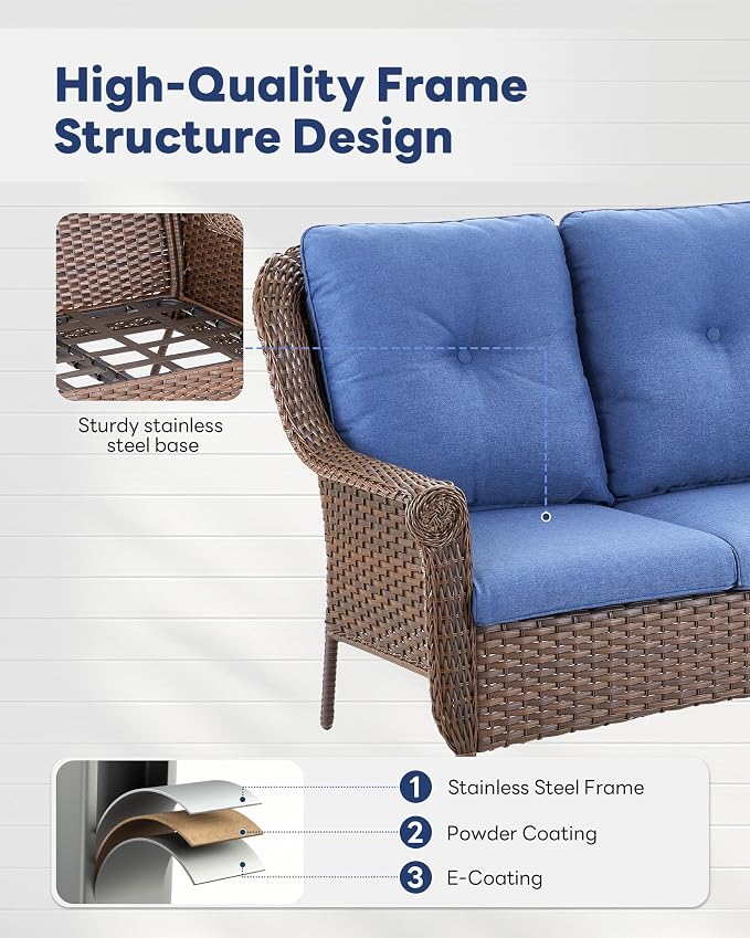 4 Pieces Patio Furniture Set-All Weather Wicker Rattan Swivel Patio Chairs Set of 2 with Patio Loveseat Outdoor Furniture for Patio Deck Porch Garden Backyard-Brown/Blue