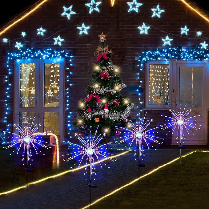 Solar Garden Firework Lights Outdoor Waterproof 4 Pack 120 LED Sparklers Solar Lights for Outside Patio Backyard Yard Pathway Walkway Decorations 4th of July Decorations (Colorful)