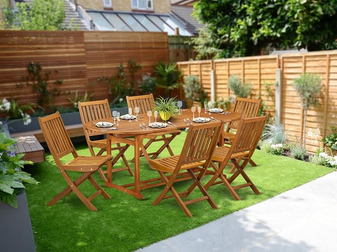 East West Furniture BSDK7CWNA 7 Piece Outdoor Patio Dining Sets Consist of an Oval Acacia Wood Table and 6 Folding Side Chairs, 36x79 Inch, Natural Oil