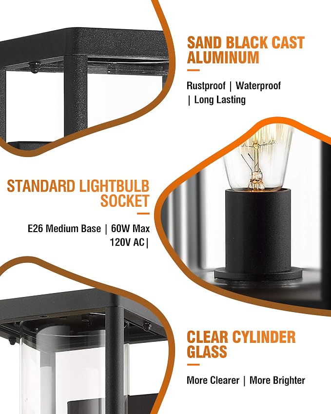 Beionxii Dusk to Dawn Outdoor Wall Sconces, Modern Exterior Porch Light Wall Mount Lantern, Black Cast Aluminum w/Clear Cylinder Glass - A291W-1PK