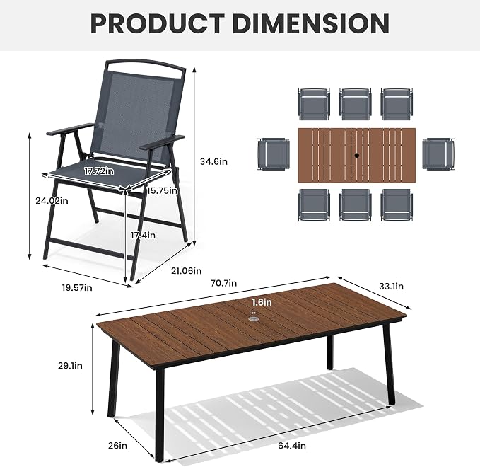 Crestlive Products 9 Piece Patio Dining Set, 70" Walnut Metal Outdoor Table and 8 Folding Chairs, with Umbrella Hole for Porch Poolside Yard Garden, Grey