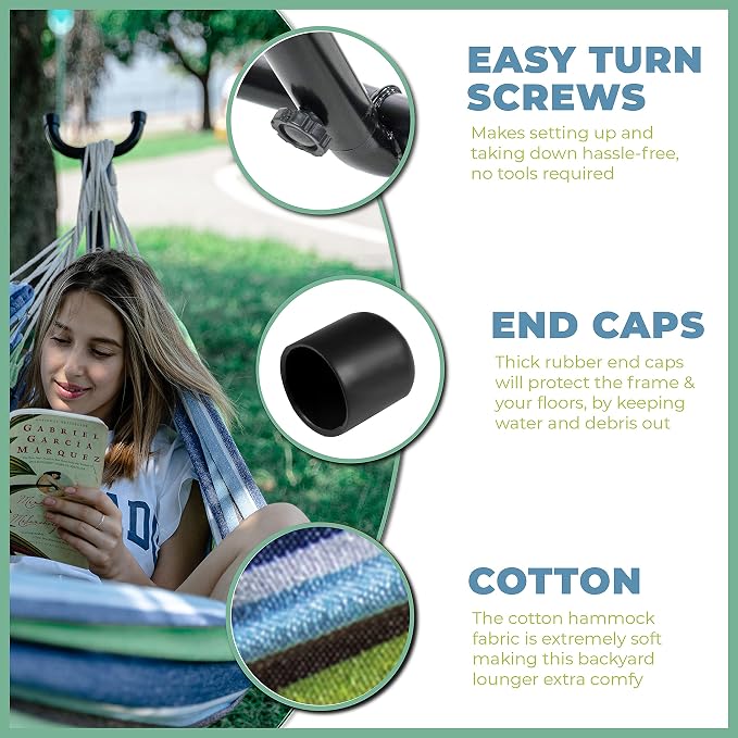 Backyard Expressions Double Camping Hammock with Steel Stand & Carrying Bag, Adjustable Height, Ultra Soft Cotton Blend, 550 lb Capacity, Indoor & Outdoor Portable Hammock
