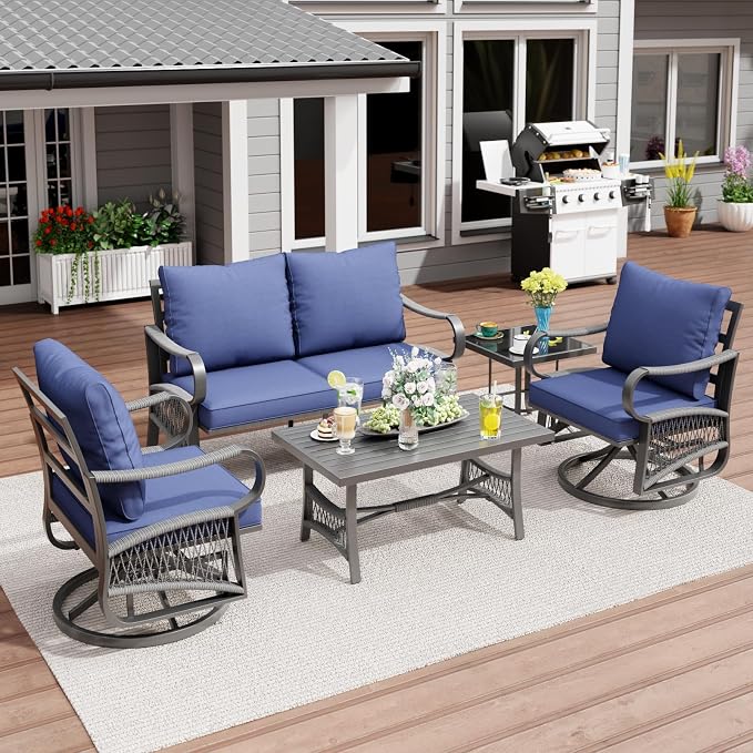 5 Piece Patio Furniture Set, Outdoor All Weather Conversation Sofa Set with 2 Swivel Chairs, Rope Braided Design and Thick Cushions for Garden, Porch, Lawn, Blue