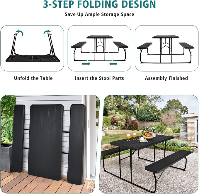 Giantex 4.5 FT Folding Picnic Table Bench Set- Outdoor Dining Set for 4-6 Persons w/All-Weather HDPE Tabletop, Metal Leg, Large Outside Dining Table for Lawn Patio Garden Yard Poolside, Black
