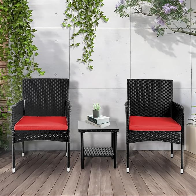 PayLessHere Set of 3 Outdoor Furniture Set Heavy Duty Patio Furniture Set Sturdy Conversation Set with 2 Rattan Chairs Glass Top Coffee Table Seat Cushions for Coffee Bar Poolside Patio Outdoor, Red