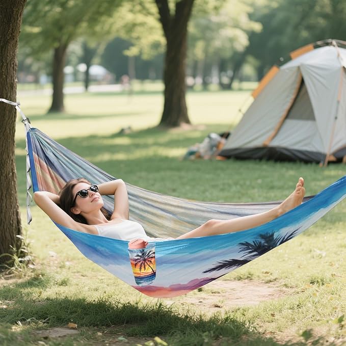 Qilmy Sunset Camping Hammock Single – 330 lbs Capacity, Lightweight with Tree Straps & Carabiners, Portable for Hiking, Travel, Backpacking