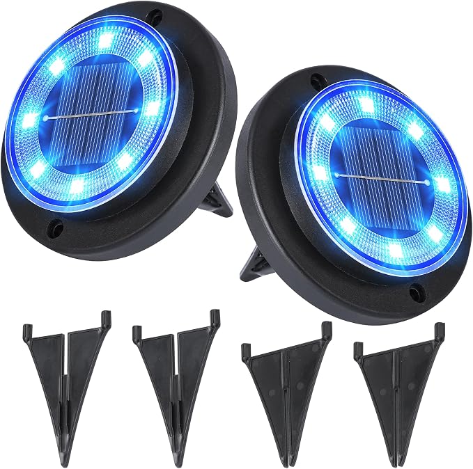 Flacchi Solar Lights Outdoor Waterproof - 2-in-1 Solar Powered Ground Lights Outdoor Solar Disk Light Landscape Light for Deck Step Patio Yard Pathway Walkway Driveway Garden (Blue, 2 Pack)