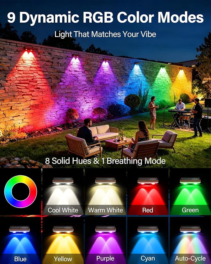Solar Fence Lights Outdoor, 2 Pack Fence Lights Solar Powered | 85LM Solar Lights, 9 RGB Color Modes, IP65 Waterproof, 12H Dusk to Dawn Glow for Pool/Deck/Patio/Wall/Backyard - Matte Brown