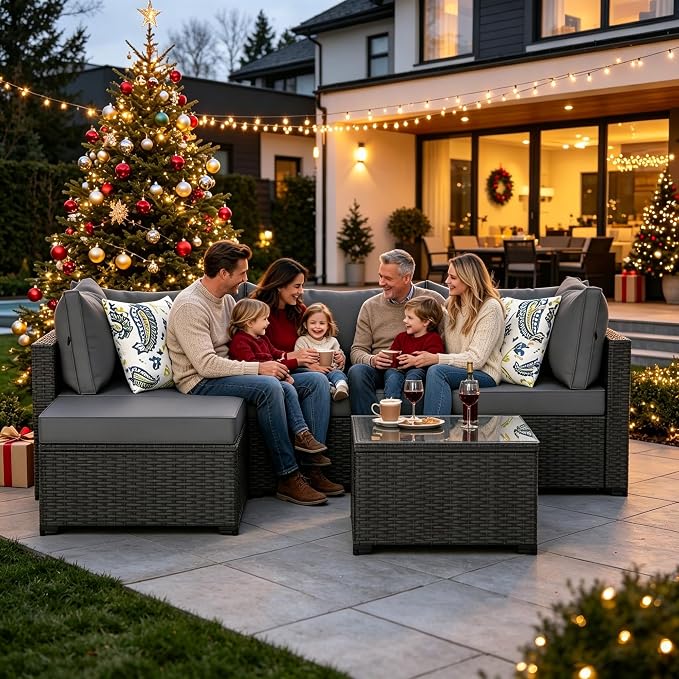5 Piece Patio Furniture Sets, Outdoor Patio Set Sectional Sofa, All-Weather PE Rattan Couch with Cushion, Glass Table for Gatherings, Parties, Sports Viewing (Gray, 5-Piece Set)