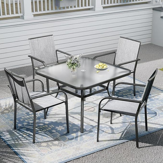 Outdoor Patio Set, 37" Square Glass Dining Table and 4pcs Stackable Chairs, All-Weather Patio Furniture Set with 1.7" Umbrella Hole for Garden Backyard Lawn Poolside