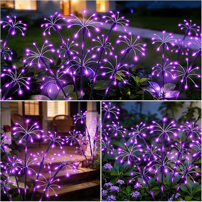 Solar Garden Lights Outdoor, 4 Pack 2-Layer Purple Solar Firework Lights | ﻿Purple Halloween Decoration, Waterproof Starburst Fairy Light Garden Decor for Christmas Yard Patio Pathway Lawn
