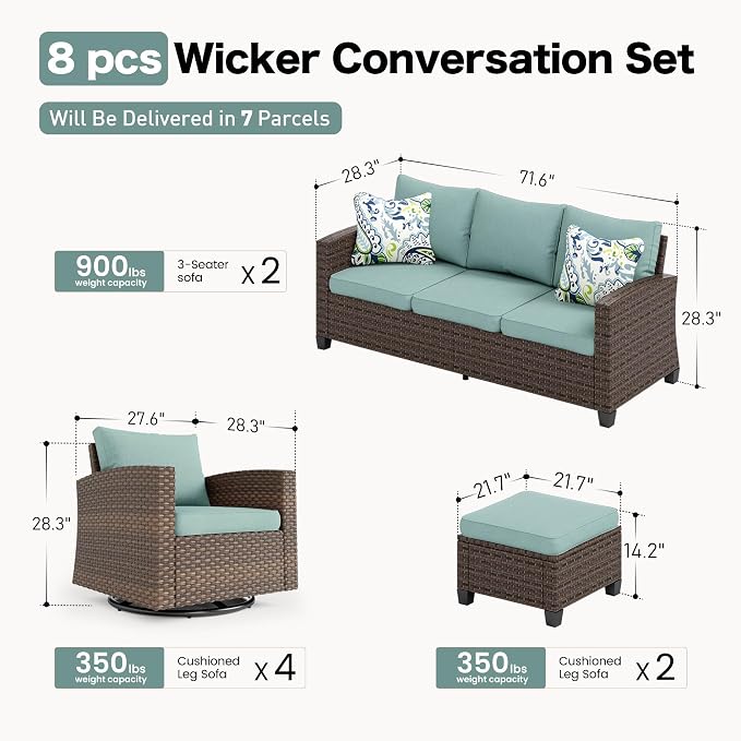 SUNSHINE VALLEY Swivel Glider Patio Furniture Set Outdoor Furniture Brown Wicker Rattan Patio Conversation Sets with Cushion Outside Sofa Set,8 Pieces,12 Seats,Blue