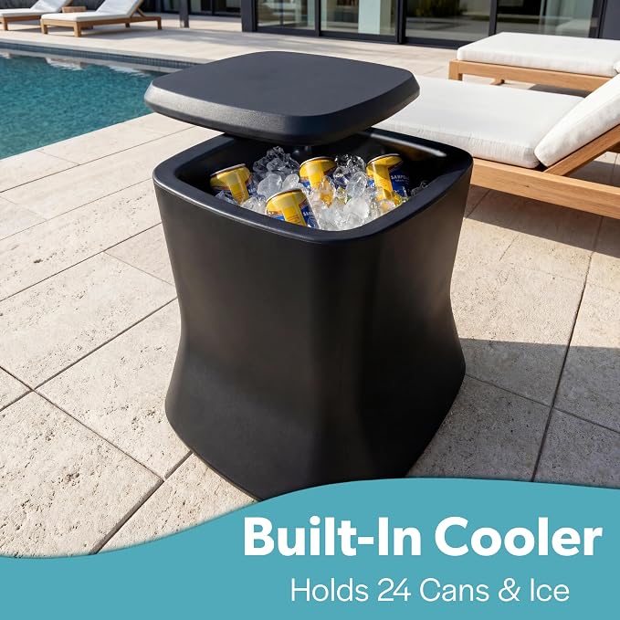 Coast Modern Outdoor Side Table Cooler- 2 in 1 Patio Decor Storage Table & Ice Chest - 25 QT - White, Gray, Sand, Stone Blue, Black