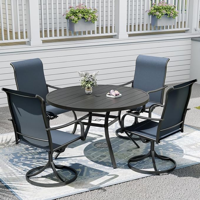 Outdoor Dining Table with 4PCS Swivel Chairs,48" Round Patio Table with Adjustable Umbrella Hole,Stable Patio Dining Set for Home or Outside