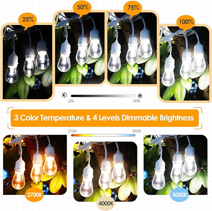 96FT(2x48FT) 3 Colors LED Outdoor String Lights with Remote, White | Plug in, Jump/Fade/Static Modes, 2700K/4000K/5000K, 30+2 S14 Bulbs, Shatterproof, Waterproof, Dimmable, for Pergola