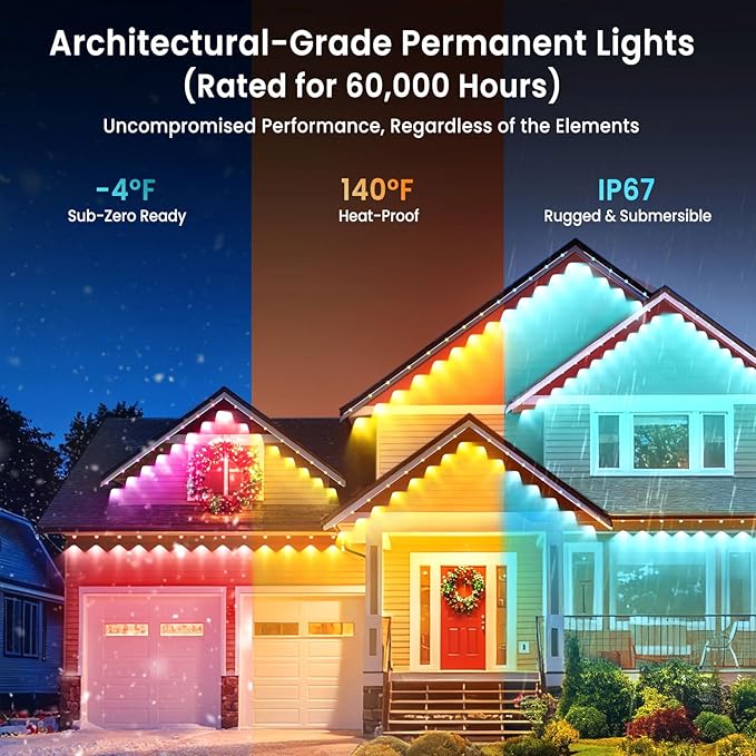 Smart Permanent Outdoor Lights for House, 150ft with 72 RGB+IC Permanent Outdoor Lights, P67 Waterproof with DIY Scene for Halloween Christmas Decor, Remote Control, Work with Alexa, Google Assistant