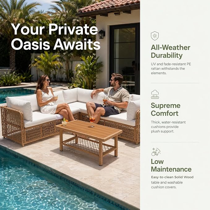 ABCASA Patio Sectional Furniture Set with Waterproof Cover, Oversized Wicker Outdoor Furniture Set w/Water-Resistant Fabric & Thick Cushions, L Shaped Patio Conversation Set for Poolside Yard,Beige