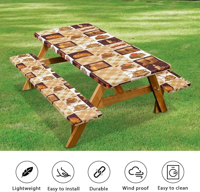 Fall Picnic Table Cover with Bench Covers 3 Piece Set 30 x 94 Inch Picnic Foldable Picnic Table and Bench Fitted Tablecloth Cover for Outdoor BBQ Holiday Party Camping