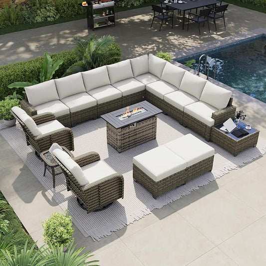 LET'S PATIO Luxury Patio Furniture Set with Fire Pit Table, 15 Piece Outdoor Furniture Set with Swivel Rocker Chairs & Ottomans, All-Weather Patio Sectional Sofas with Thickened Cushions, Beige