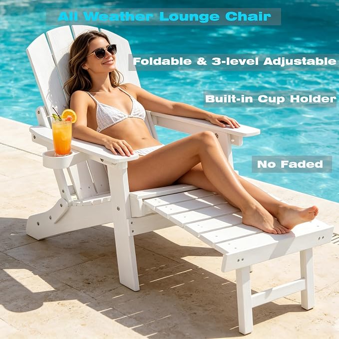 Outdoor Foldable Adirondack Chair with footrest,Patio Recliner,3-Level Adjustable Backrest,Hidden Ottoman,Ergonomic Design,Ideal for Patio,Camping, Pool Use.(White)