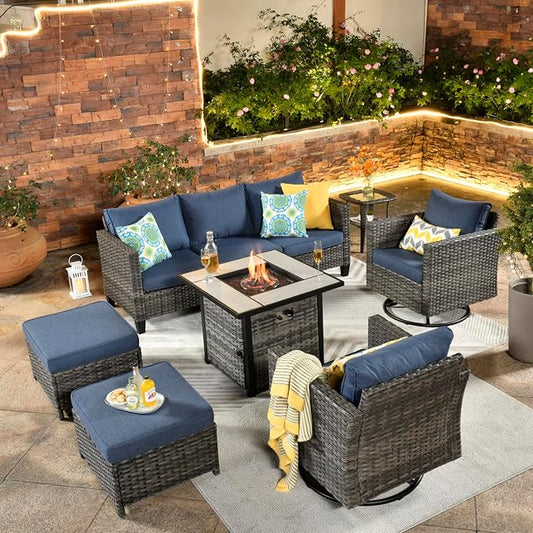 ovios 7 Pieces Patio Furniture Set with Square Fire Pit Table, Swivel Rocking Chairs, Outdoor High Back Wicker Rattan Conversation Set for Deck Porch, Denim Blue