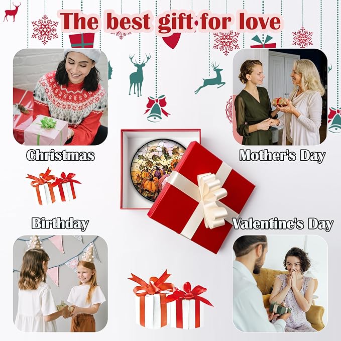 DASTOLL Stained Glass Window Hanging, Pumpkin Sunflower Suncatcher Diamond Glass Panel Sun Catchers Decor for Birthday for Women, Men, Wife, Aunt, and Mom 6.3 in