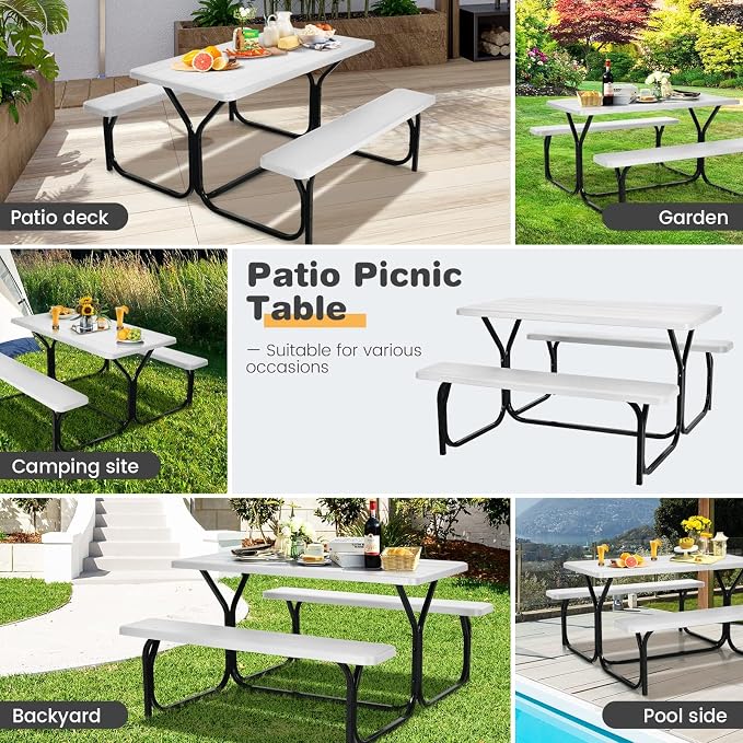 DORTALA Plastic Picnic Table for Outdoors, All Weather Faux Wood Patio Picnic Table Set with Benches for Outdoor, Cafeteria and Commercial, White