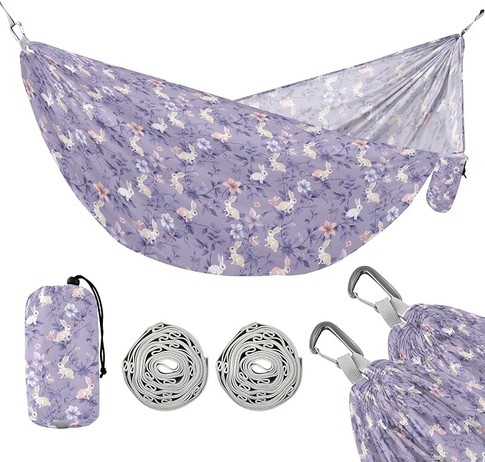 Camping Hammock Outdoor Hammocks for Outside Purple Flower Rabbit Beach Trees Portable Lightweight with Pockets Tree Straps Indoor