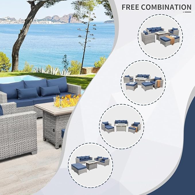 6-Piece Wicker Outdoor Patio Furniture Set with PE Rattan Sectional Sofa, Conversation Set and Fire Pit Table for Backyard Patio(Blue)