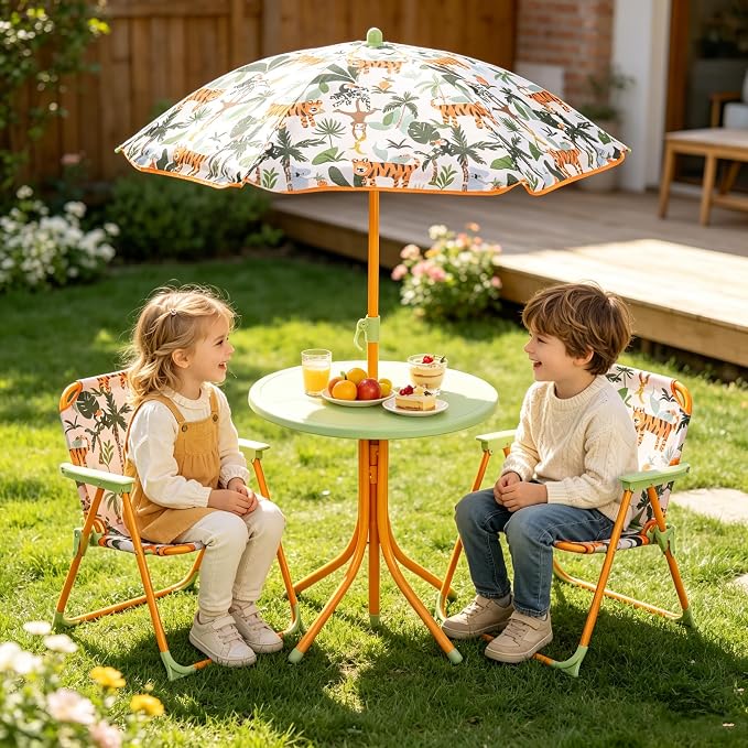 KOTEK Kids Picnic Table with Umbrella, Outdoor Table & 2 Folding Chairs, Cute Pattern Children’s Patio Furniture, Portable Kids Table and Chair Set for Backyard, Garden, Beach (Yellow Tiger)