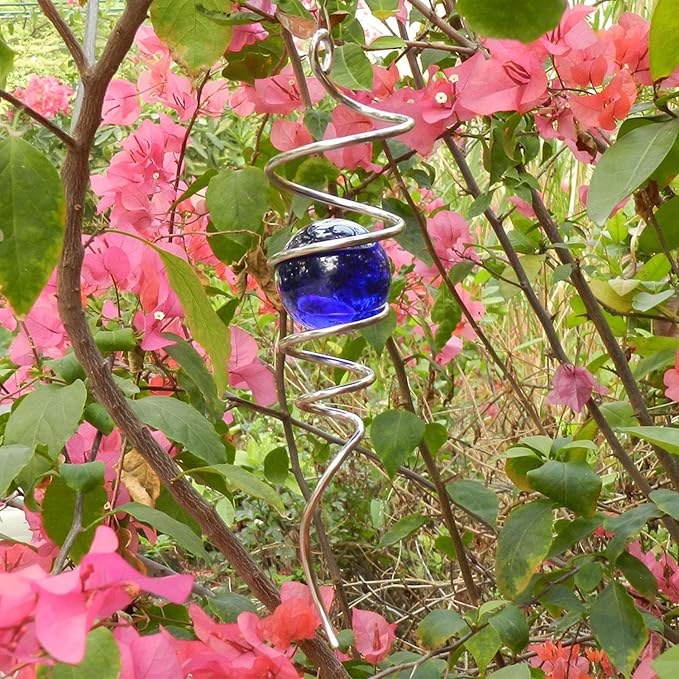 FONMY Gazing Ball Spiral Tail -Decorative Wind Spinner 11" inch Tail and 2" inch Blue Glass Orb. Indoor Outdoor Garden Decoration -13 inch Height