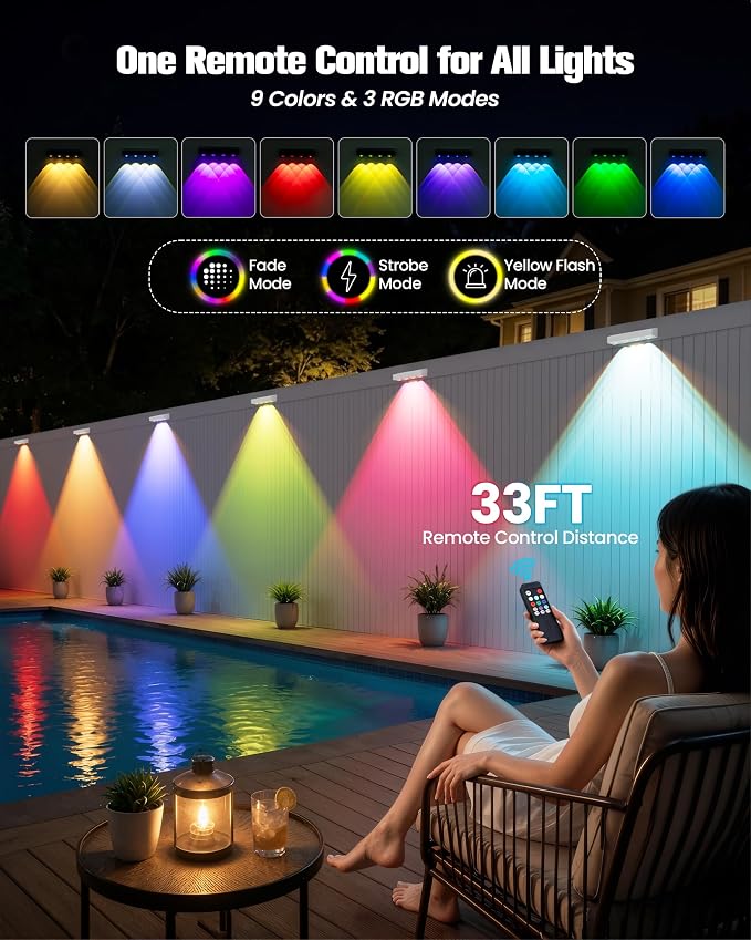 JOFIOS Solar Fence Lights Outdoor with Remote, 8 Pack, 9 Fixed Colors ＆ Color Changing Solar Lights Waterproof IP65 Dusk-to-Dawn Vinyl Fence Lights for Patio, Pool, Porch, Backyard, Wall, White