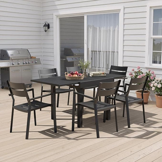 Pellebant 7-Piece Aluminum Outdoor Dining Set for 6, Stackable Contoured Seat Armrest Chairs with 17.3" Depth, Expandable Patio Table – Weather-Resistant Furniture for Deck, Porch & Backyard