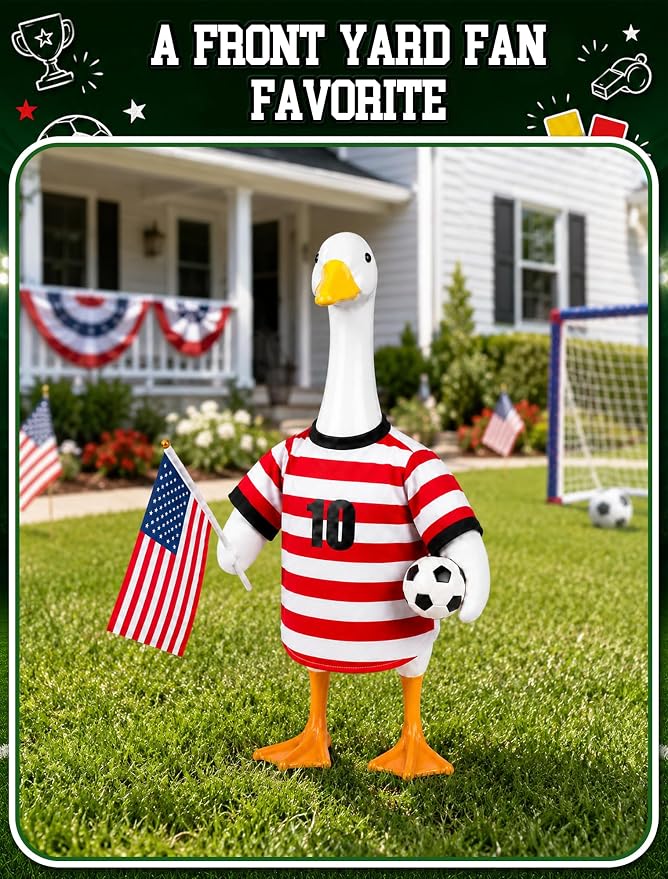 ROSSNY USA Soccer Porch Goose Outfit for 23 in Goose Statue | One-Piece Easy Dress Design, Summer Sports Fan Jersey Goose Clothes, Game Day Decor for Patio Yard Lawn