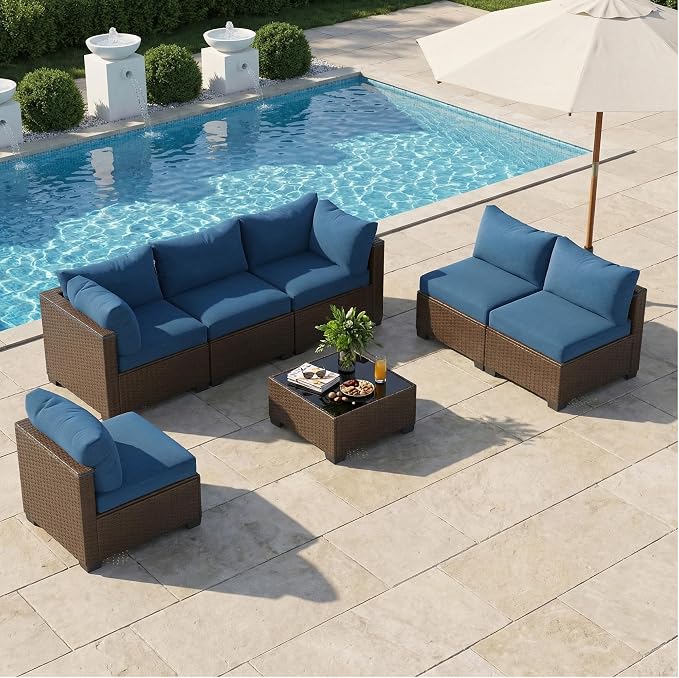 Patio Furniture Set 7 Pieces Conversation Set Wicker Outdoor Sectional Sofa,Ergonomic Armrests Couch with Cushion and Glass Table (Brown-Peacock Blue, 7 Piece-Single)